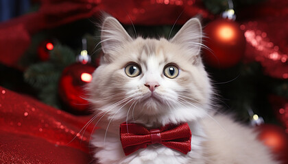 Cute kitten looking at camera with Christmas lights generated by AI