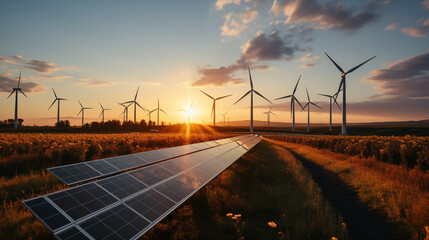 Windmill and solar battery. Concept of alternative green energy - obrazy, fototapety, plakaty