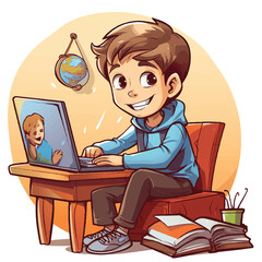 Home Education Concept. A boy learning with computer