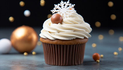 Homemade cupcake with chocolate icing, decorated with snowflake generated by AI