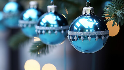 Shiny blue ornament hanging on a Christmas tree generated by AI