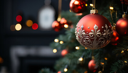 Shiny ornament decorates Christmas tree in vibrant celebration generated by AI