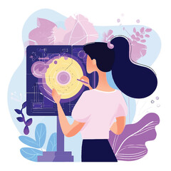 NFT. Flat vector illustration with woman creating