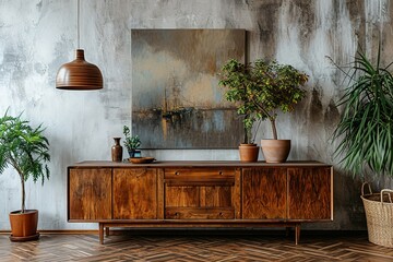 Retro, wooden cabinet and a painting in an empty living room interior with white walls and copy...