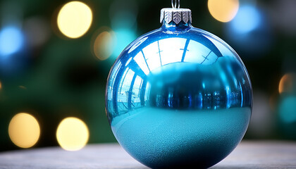 Shiny blue sphere glows, reflecting Christmas lights on decorated tree generated by AI
