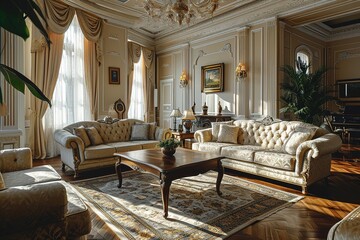 Fototapeta na wymiar Stylish interior of living room with comfortable furniture