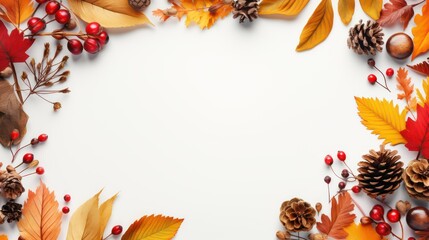 Autumn composition. Frame made of autumn leaves and berries on white background. Flat lay, top view, copy space
