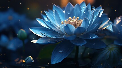 Beautiful blue lotus flower with water drops on dark background