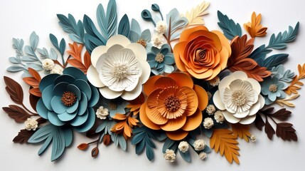 Paper flowers and leaves made of paper on white background, top view - obrazy, fototapety, plakaty