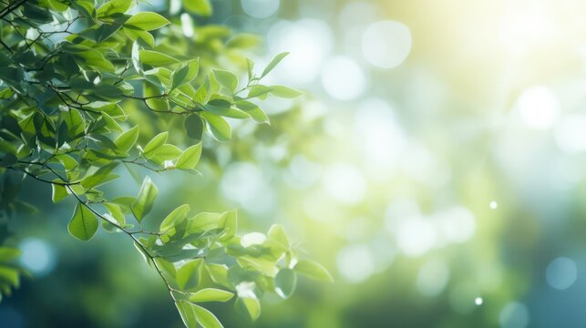 Fresh green leaves on blurred background with bokeh and sunlight © Ashfaq