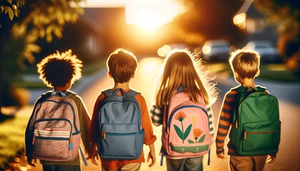 Four kids walk towards sunset on a street, carrying colorful bags. The children are walking home from school in the evening sun. - obrazy, fototapety, plakaty