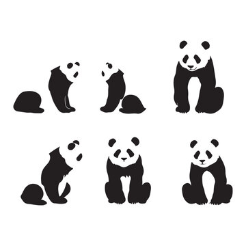 A black silhouette Panda set, Clipart on a white Background, Simple and Clean design, simplistic