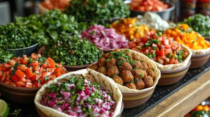 Street-Style Falafel Wrap Unwind: Colorful Falafel Wrap, Vibrant Vegetables, Bustling Middle Eastern Market Setting