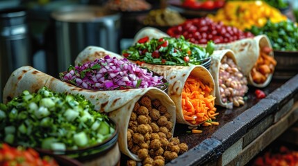 Fototapeta na wymiar Street-Style Falafel Wrap Unwind: Colorful Falafel Wrap, Vibrant Vegetables, Bustling Middle Eastern Market Setting
