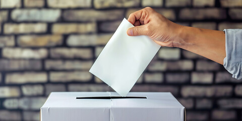 Hand of person inserting vote into ballot box, voting - obrazy, fototapety, plakaty