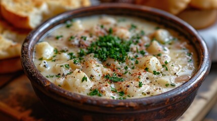 Classic New England Clam Chowder Unwind: Creamy Clam Chowder Bowl in Seaside Shack, Nautical Decor, Cozy Coastal Ambiance