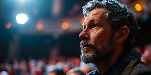 Middle-aged man looking from the audience of a theater - obrazy, fototapety, plakaty