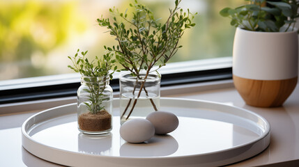 White tray with plants and different accessories around, soft focus background