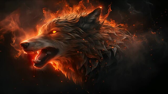 An artistic rendering of a wolf engulfed in flames