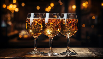 Night celebration, drink wine, table drinking glass, champagne luxury bar generated by AI