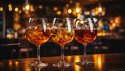 Luxury wineglass reflects illuminated bar, pouring red wine, elegant celebration generated by AI