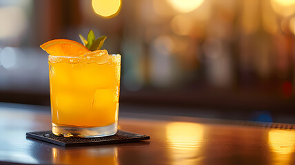 A delicious orange cocktail drink sitting on a bar coaster, advertising for drinks, free copy space - obrazy, fototapety, plakaty