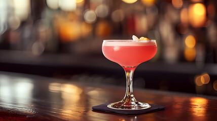 A delicious pink cocktail drink sitting on a bar coaster, advertising for drinks, free copy space - obrazy, fototapety, plakaty