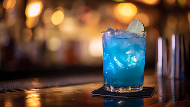 A delicious blue cocktail drink sitting on a bar coaster, advertising for drinks, free copy space