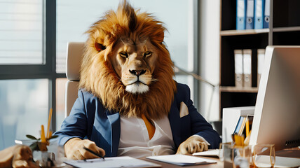 A lion working in a corporate office job and wearing human clothes while sitting at a desk at work