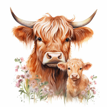 Watercolor Baby Animals Nursery Nursery Decor Wall Art Digital Art Baby Cow Highland Cow. AI Generated Illustration