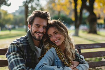 Couple cuddling and smiling on a park bench