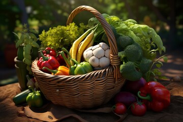 Basket of fresh vegetables on the table, seasonal farm vegetables