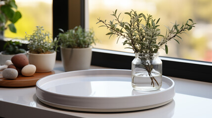 White tray with plants and different accessories around, soft focus background