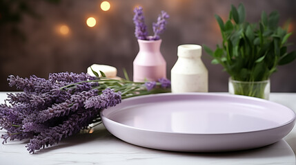 Obraz na płótnie Canvas Set of a bath accessories with flowers of lavender
