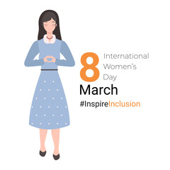 Banner for international women's day for campaign inspire inclusion. A woman with a cute face and dark hair folding her hands in a heart shape in support of women's equality flat vector. 