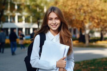 Fototapeta premium Beautiful student girl with notepads in college campus