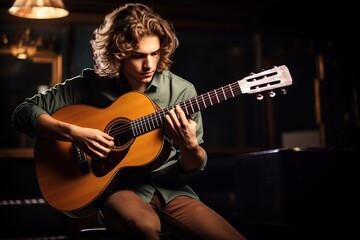 Obraz premium Young man playing guitar in living room