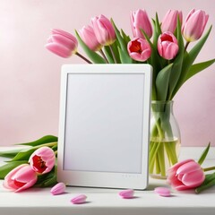 Mockup of a tablet screen on a table with pink tulips in a vase.
