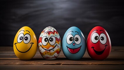 A lineup of Easter eggs with animated faces, displaying a variety of expressions, set against a dark backdrop