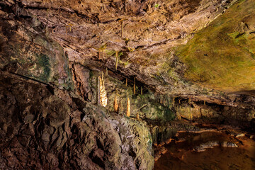 St. Beatus Caves with stalactites and stalagmites below Beatenberg near Interlaken in Bern canton...