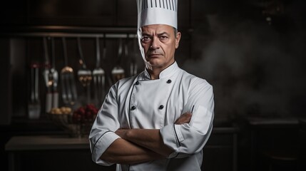 A man wearing a chef's uniform holds kitchen utensils with his arms crossed