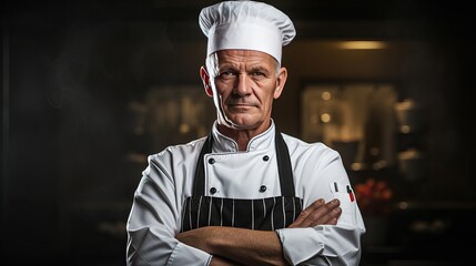 A man wearing a chef's uniform holds kitchen utensils with his arms crossed