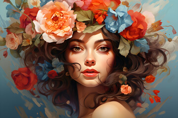Portrait of a beautiful young woman with flowers in her hair, Ai Generated