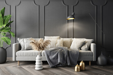 Interior design with sofa and lamps