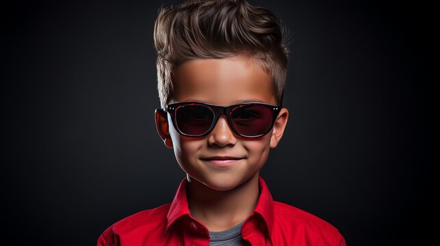 A picture of a young boy who is fashionable and wearing sunglasses.