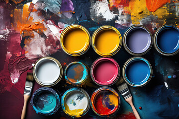 Metal cans with colorful paints and paintbrushes