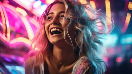 Woman with long blond hair on a background of colorful lights
