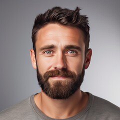 Obraz premium Portrait Headshot of a Happy Man with a Beard on a Grey Background