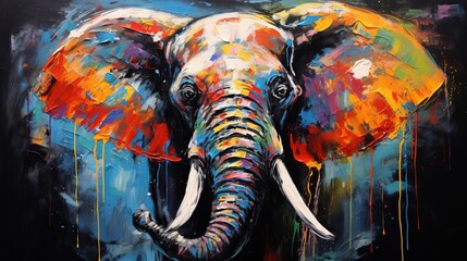 On canvas, there is an oil portrait painting of an elephant in multicolored tones. also, there is a conceptual abstract abstract painting of an elephant on a black background. - obrazy, fototapety, plakaty