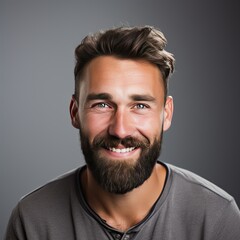 Obraz premium Portrait Headshot of a Happy Man with a Beard on a Grey Background